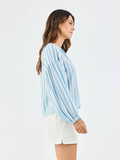 Scarlette Harbor Lines Blue Top: loose, long-sleeved, blue/white striped V-neck blouse. Available in sizes XS-XL.