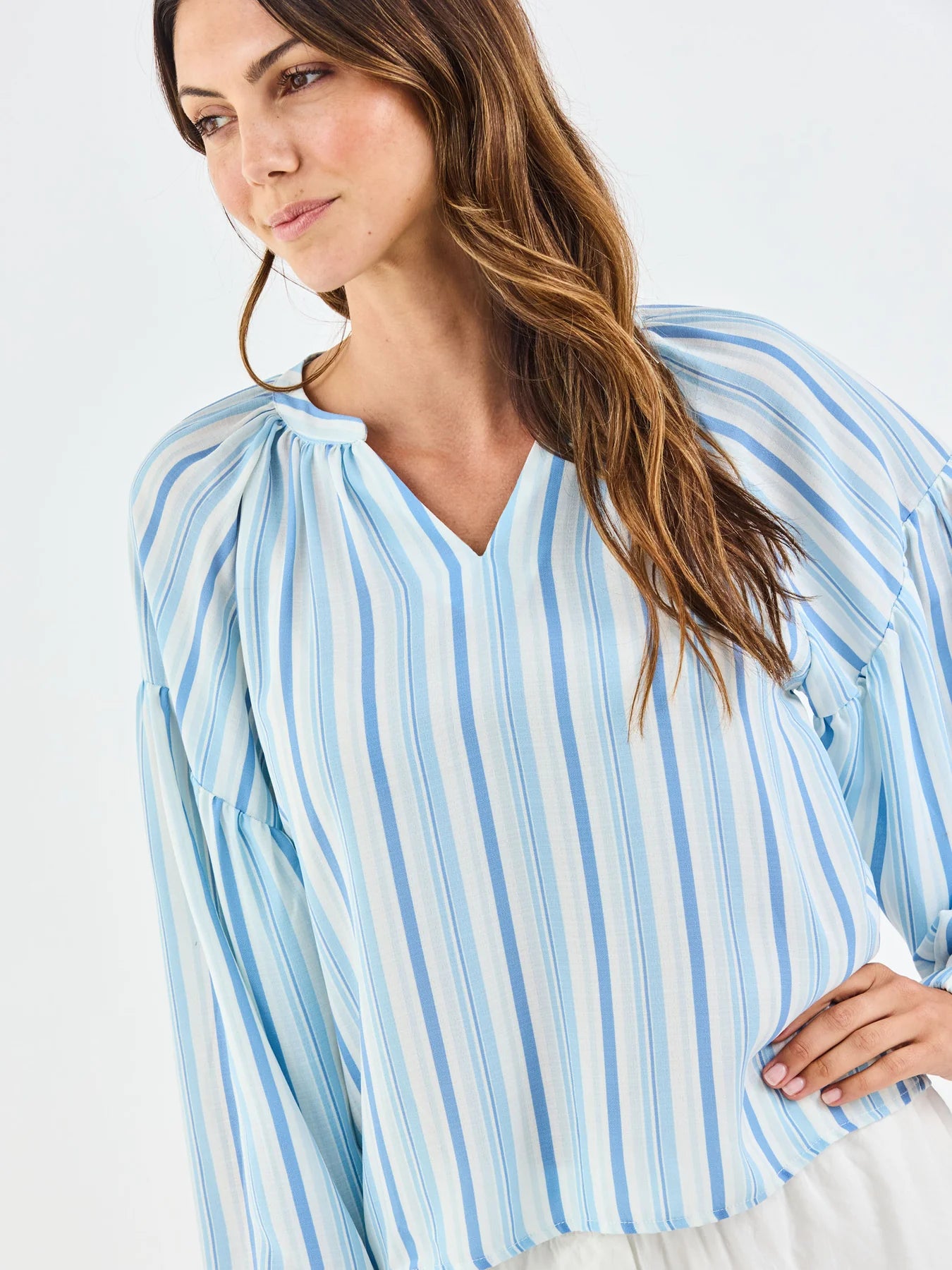 Scarlette Harbor Lines Blue Top: light blue/white striped v-neck blouse, puff sleeves, flowy fit. Available in sizes XS-XL.