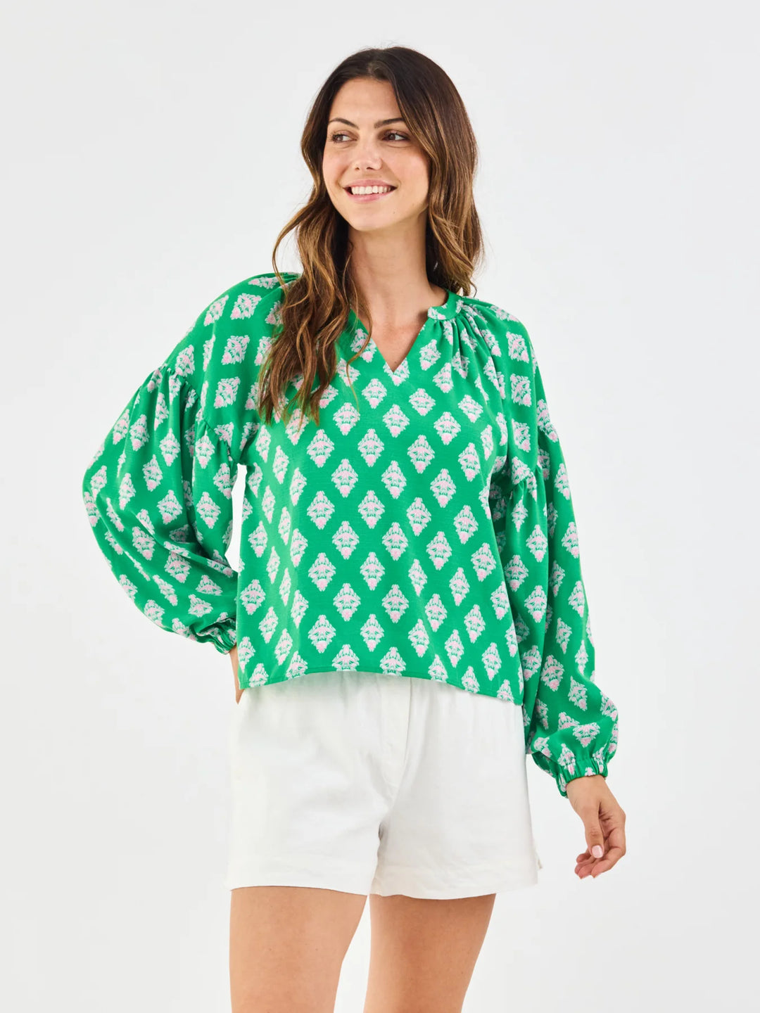 Scarlette Early Riser Green Top: flowy long-sleeve blouse, white geometric pattern, V-neck. Available in S-XL.