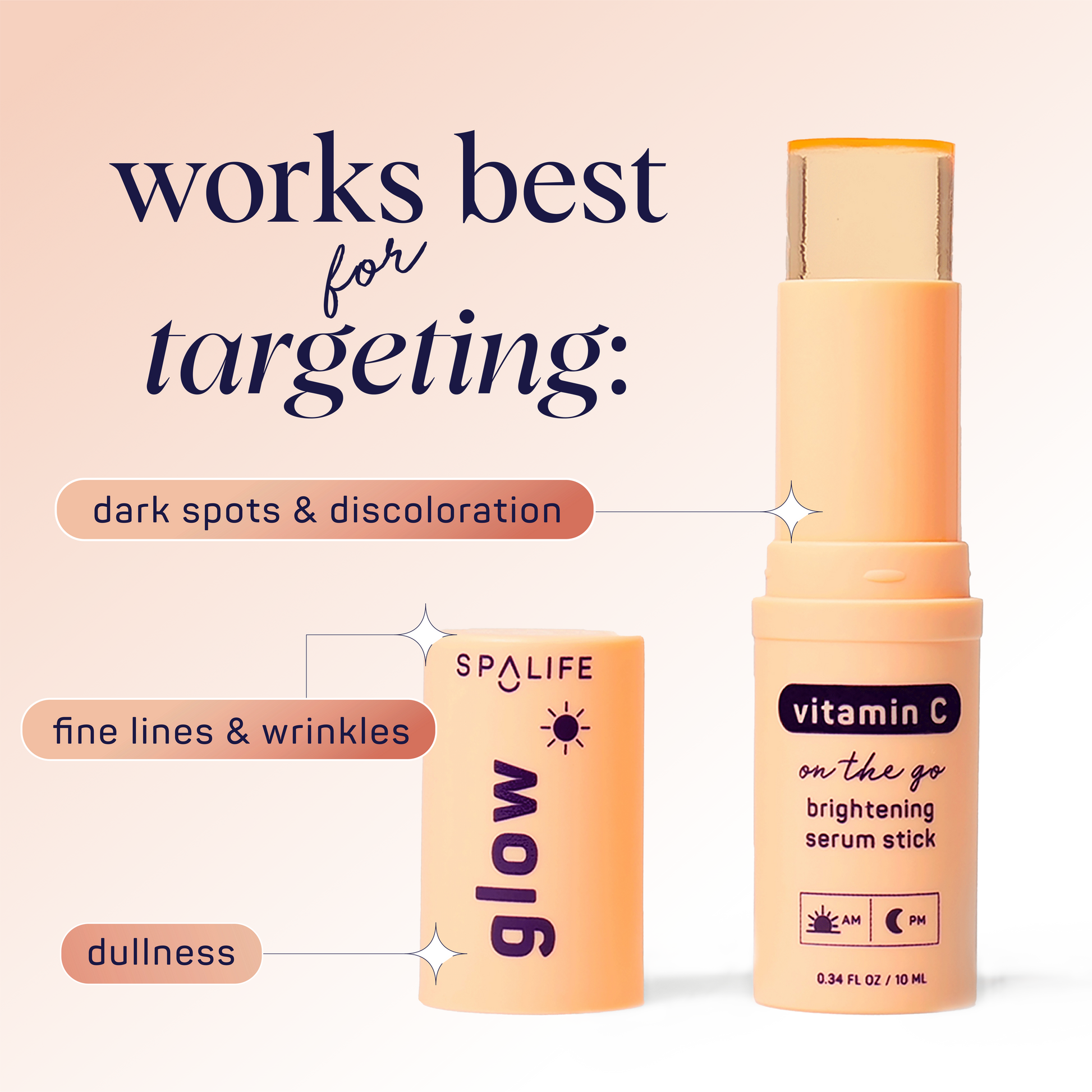 Glow Vitamin C Brightening Face Serum Stick by SPALIFE, shown open with visible serum formula. Labeled for dark spots, fine lines, wrinkles, and dullness. Available sizes not specified.