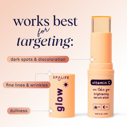 Glow Vitamin C Brightening Face Serum Stick by SPALIFE, shown open with visible serum formula. Labeled for dark spots, fine lines, wrinkles, and dullness. Available sizes not specified.