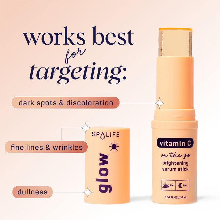 Glow Vitamin C Brightening Face Serum Stick by SPALIFE, shown open with visible serum formula. Labeled for dark spots, fine lines, wrinkles, and dullness. Available sizes not specified.
