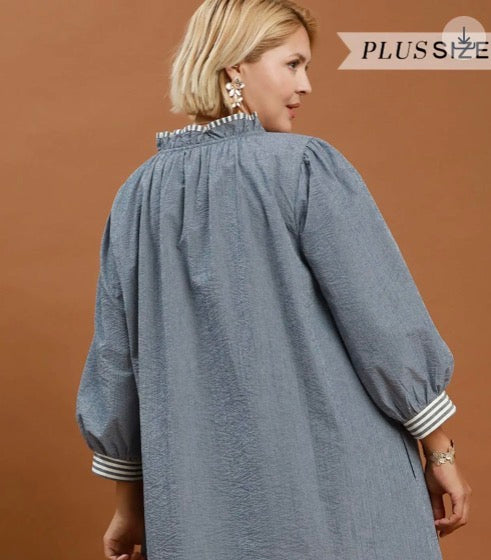 Denim Textured Contrast Trim Tie Waist Mini Dress in blue-gray with striped cuffs, collar. Available in Plus Size.