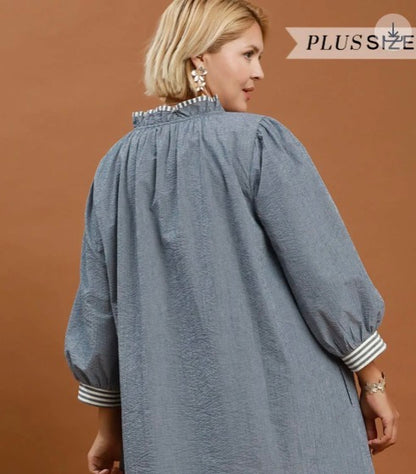 Denim Textured Contrast Trim Tie Waist Mini Dress in blue-gray with striped cuffs, collar. Available in Plus Size.