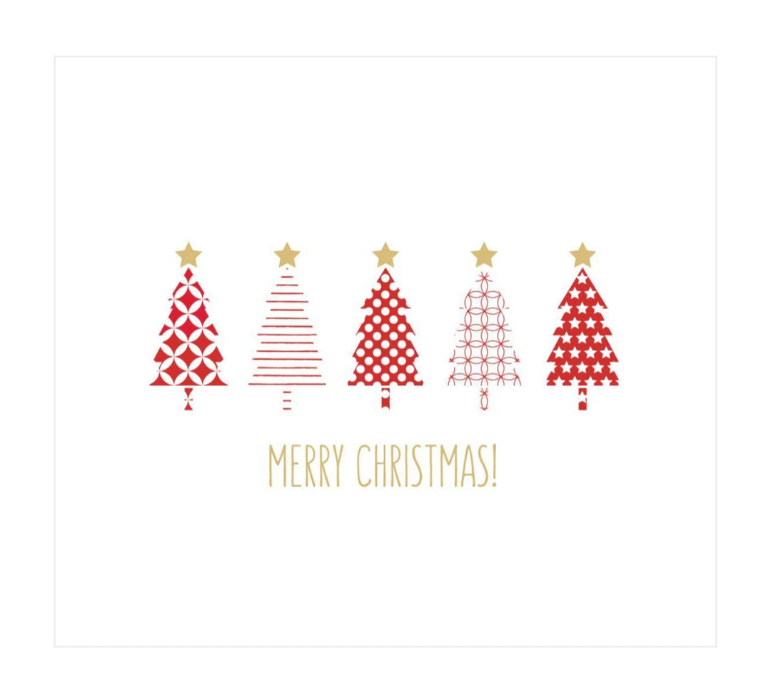 Holiday napkins with five stylized red Christmas trees, geometric patterns, gold stars, and “MERRY CHRISTMAS!” text on 3-ply paper. Available in various sizes.