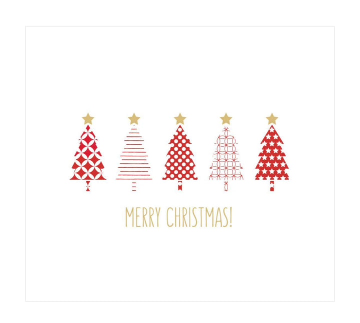 Holiday napkins with five stylized red Christmas trees, geometric patterns, gold stars, and “MERRY CHRISTMAS!” text on 3-ply paper. Available in various sizes.