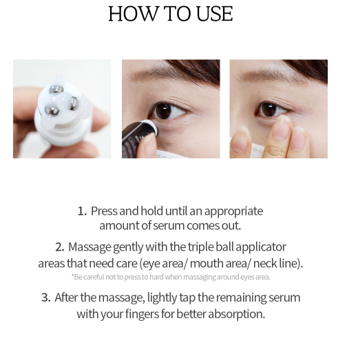 How to Use" graphic: triple ball applicator, applying FARMSTAY Black Snail Premium Rolling Eye Serum (25ml, 30ml), gentle tapping steps.