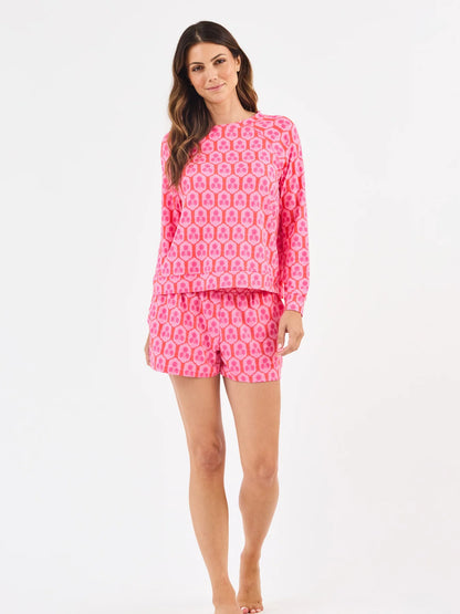Annie Rosette Charm Pink Shorts Set: bright pink, repeating pattern, ButterSoft fabric. Available sizes: XS–XL.