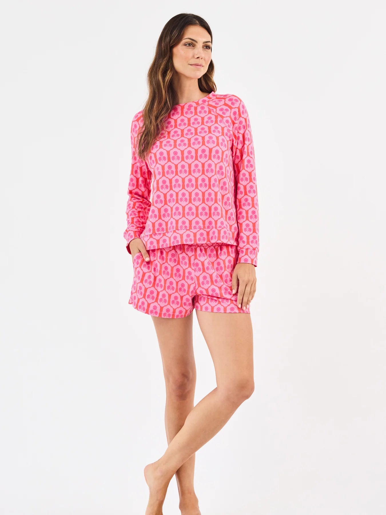 Annie Rosette Charm Pink Shorts Set: matching pink long-sleeve top & shorts in ButterSoft fabric, owl print. Sizes XS-XL.