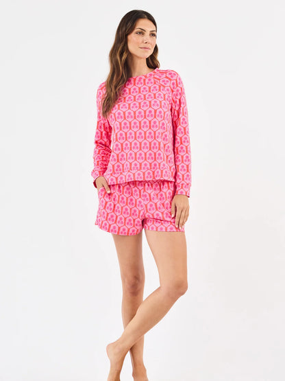 Annie Rosette Charm Pink Shorts Set: matching pink long-sleeve top & shorts in ButterSoft fabric, owl print. Sizes XS-XL.
