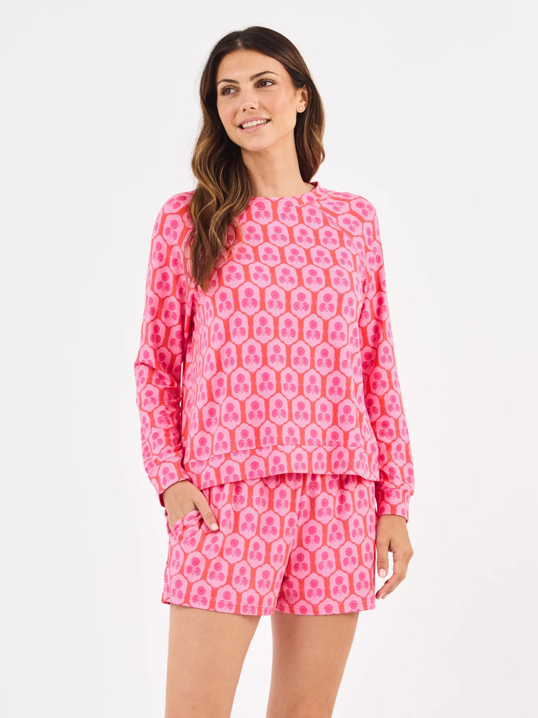 Annie Rosette Charm Pink Shorts Set: matching pink long-sleeve top and shorts with geometric floral print. Sizes XS-XL.