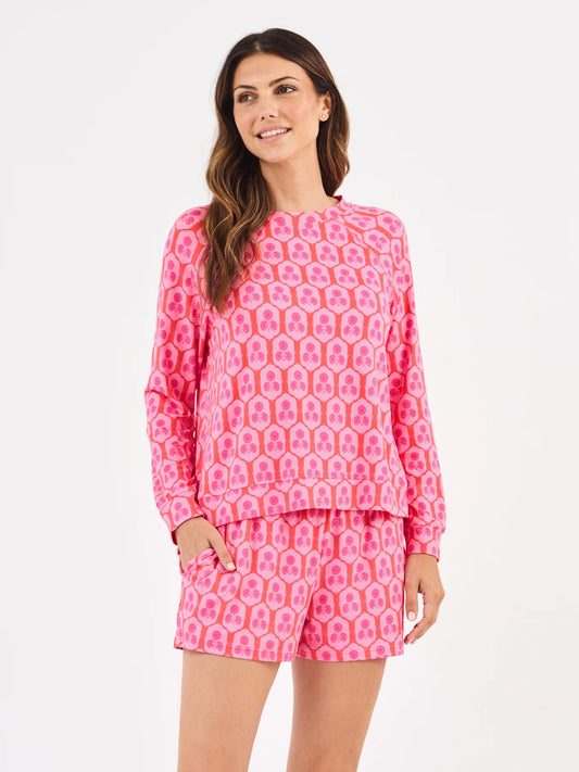 Annie Rosette Charm Pink Shorts Set: matching pink long-sleeve top and shorts with geometric floral print. Sizes XS-XL.