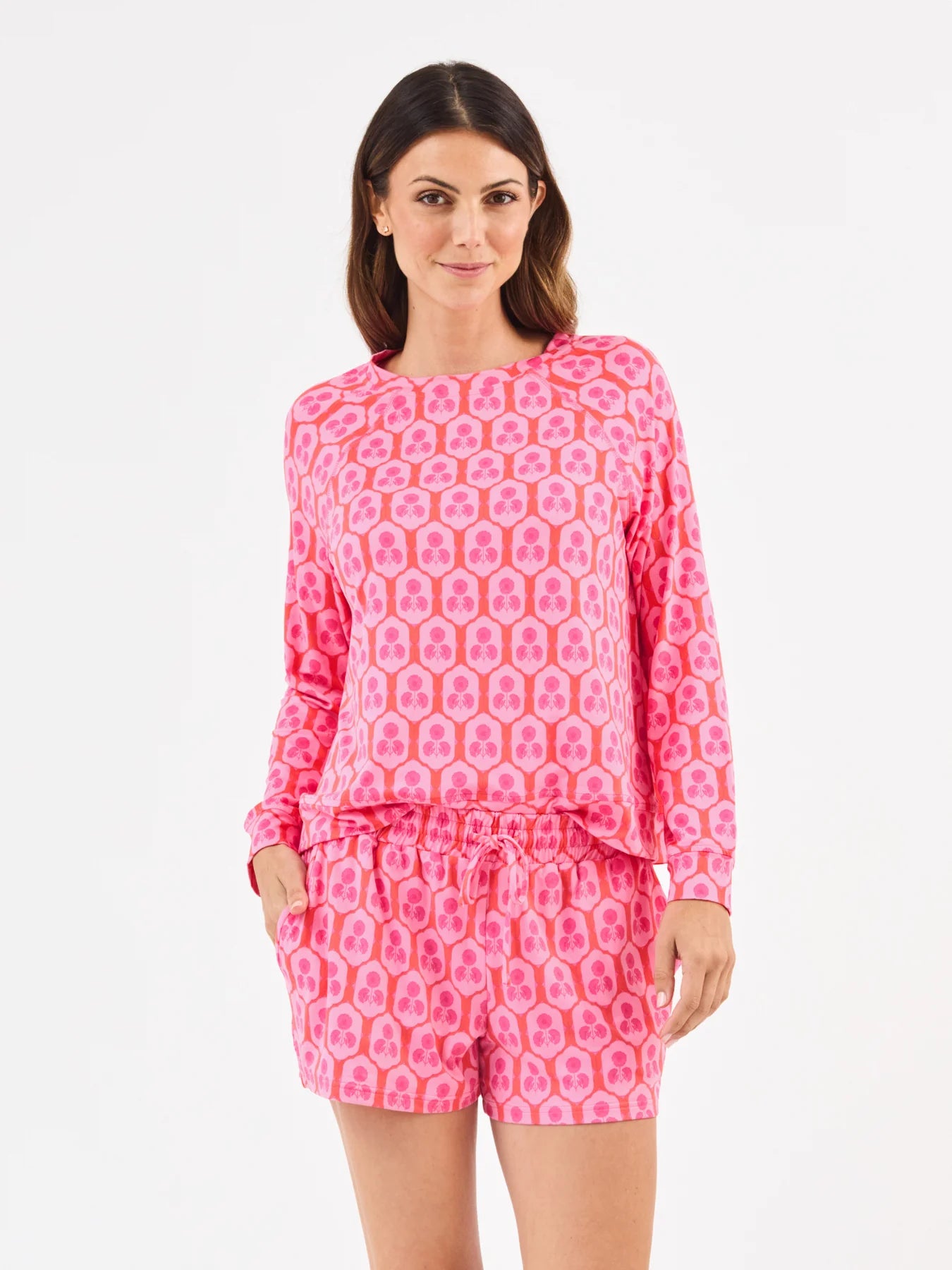 Annie Rosette Charm Pink Shorts Set: pink long-sleeve top and shorts with light pink skulls, ButterSoft fabric. Sizes XS-XL.