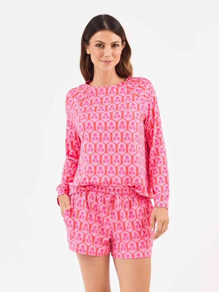 Annie Rosette Charm Pink Shorts Set: pink long-sleeve top and shorts with light pink skulls, ButterSoft fabric. Sizes XS-XL.