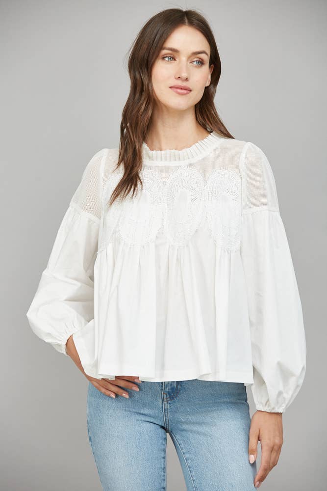 Lace Appliqué Detail Mixed Media Long Sleeve Blouse