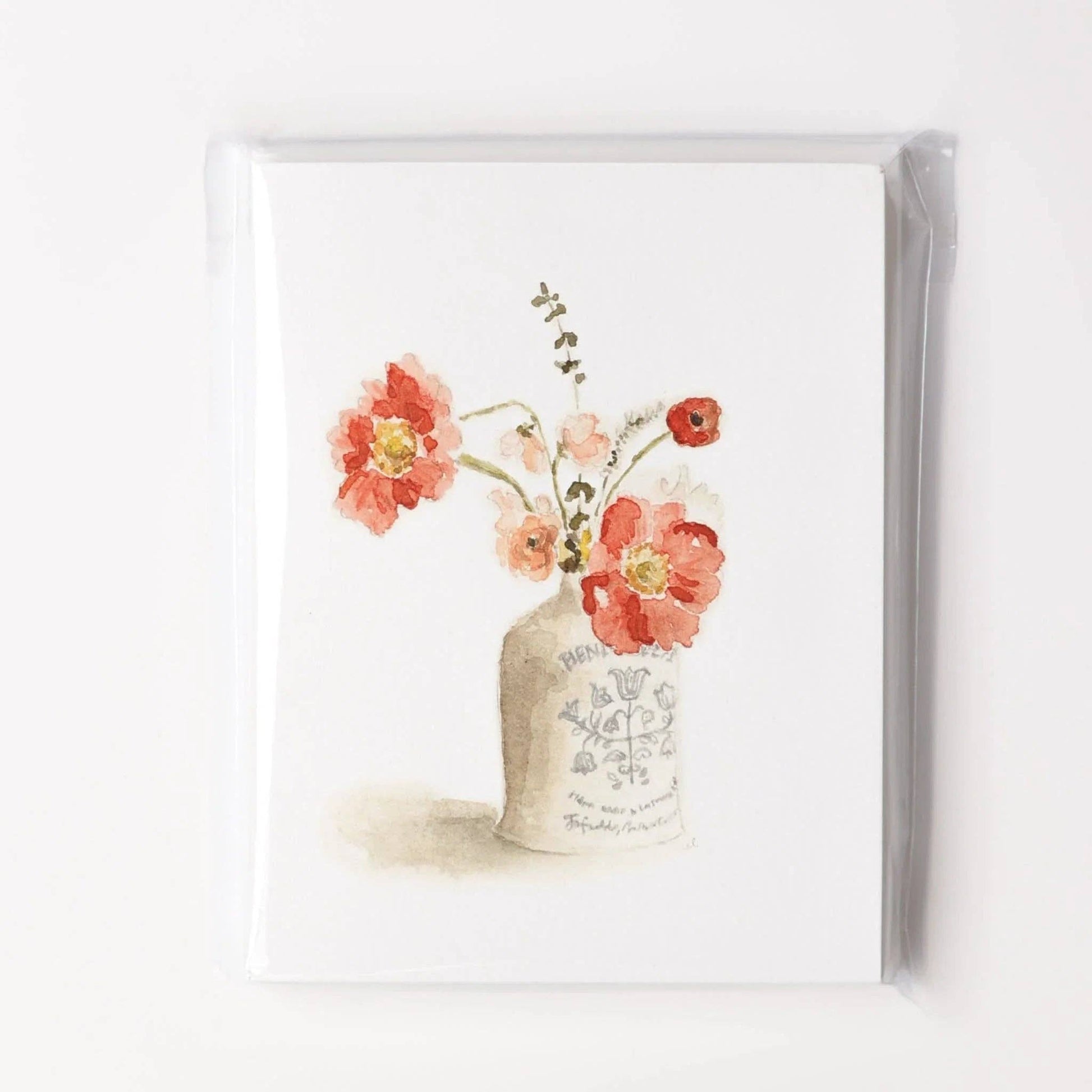 Vintage bouquet notecard with watercolor red and pink flowers in a white vase, 4x6 inches, in protective sleeve.