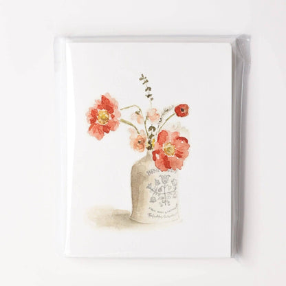 Vintage bouquet notecard with watercolor red and pink flowers in a white vase, 4x6 inches, in protective sleeve.