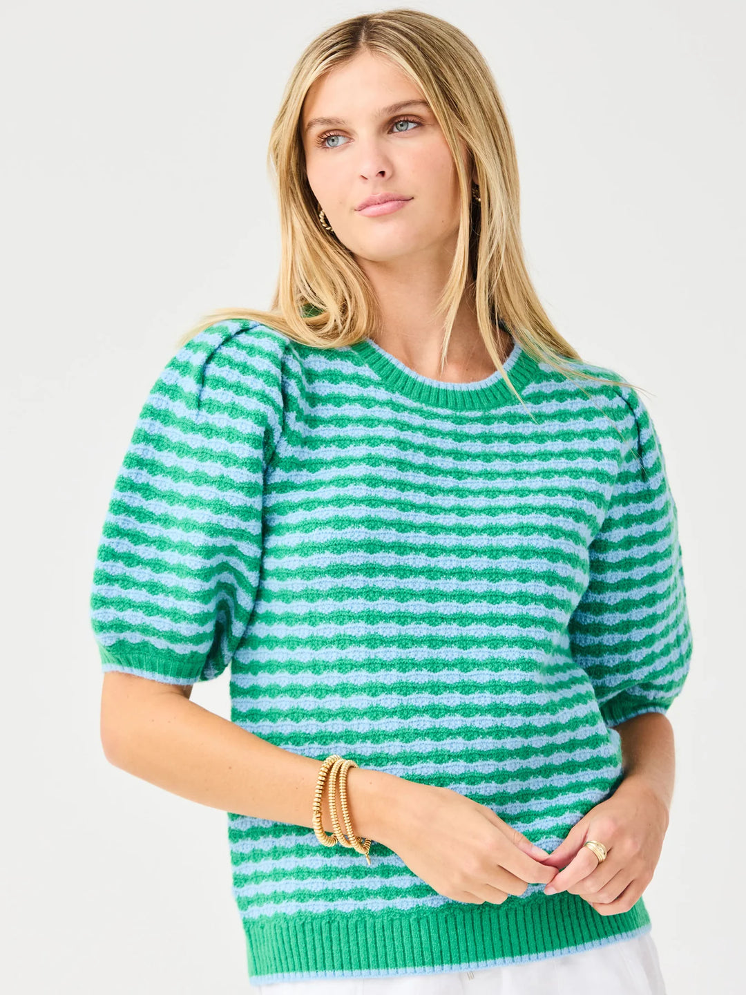 Abigail Sweater | Blue &amp; Green, puff sleeves, crew neck with blue and green stripes; available in sizes XS–XXL.