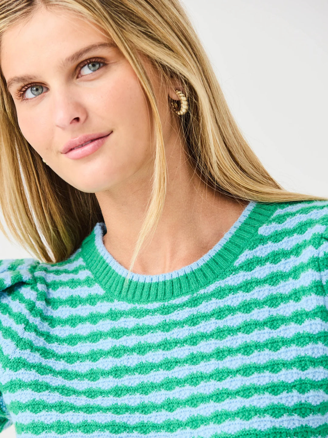 Abigail Sweater | Blue &amp; Green—puff sleeves, crew neck, blue and green stripes. Available in sizes XS-XL.