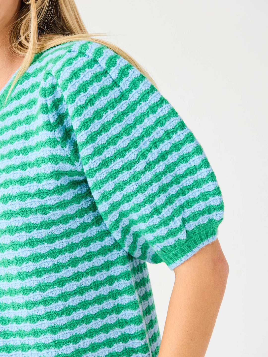 Abigail Sweater | Blue &amp; Green with green/light blue stripes, short puff sleeves, crew neck. Sizes: XS-XL.