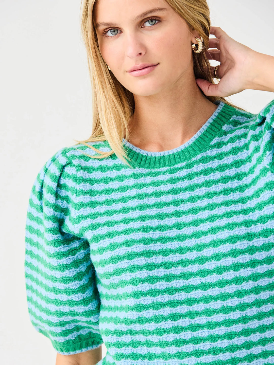 Abigail Sweater | Blue &amp; Green: blue and green stripes, crew neckline, short puff sleeves. Available in sizes XS-XL.
