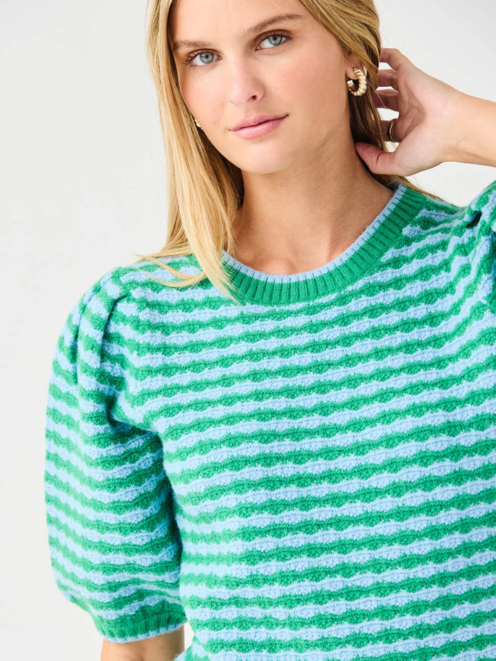 Abigail Sweater | Blue &amp; Green: blue and green stripes, crew neckline, short puff sleeves. Available in sizes XS-XL.