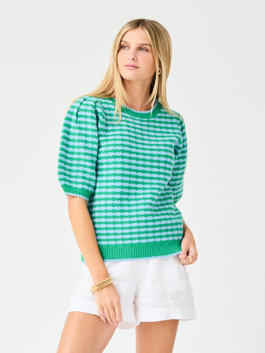 Abigail Sweater | Blue &amp; Green: blue and green stripes, crew neckline, short puff sleeves. Available in sizes XS–XL.