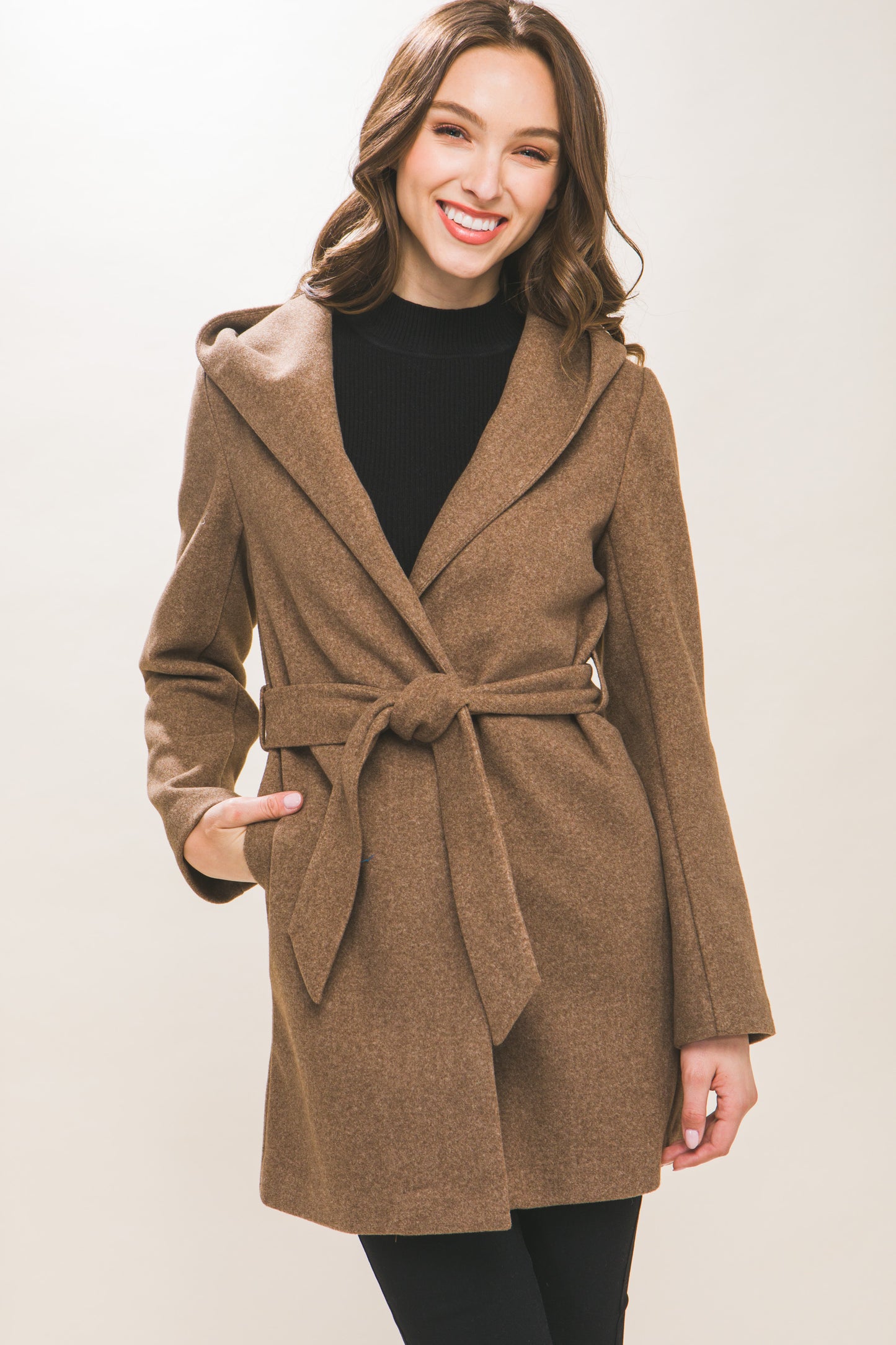 Fleece Belted Hoodie Coat in brown. Sizes: S, M, L, XL.