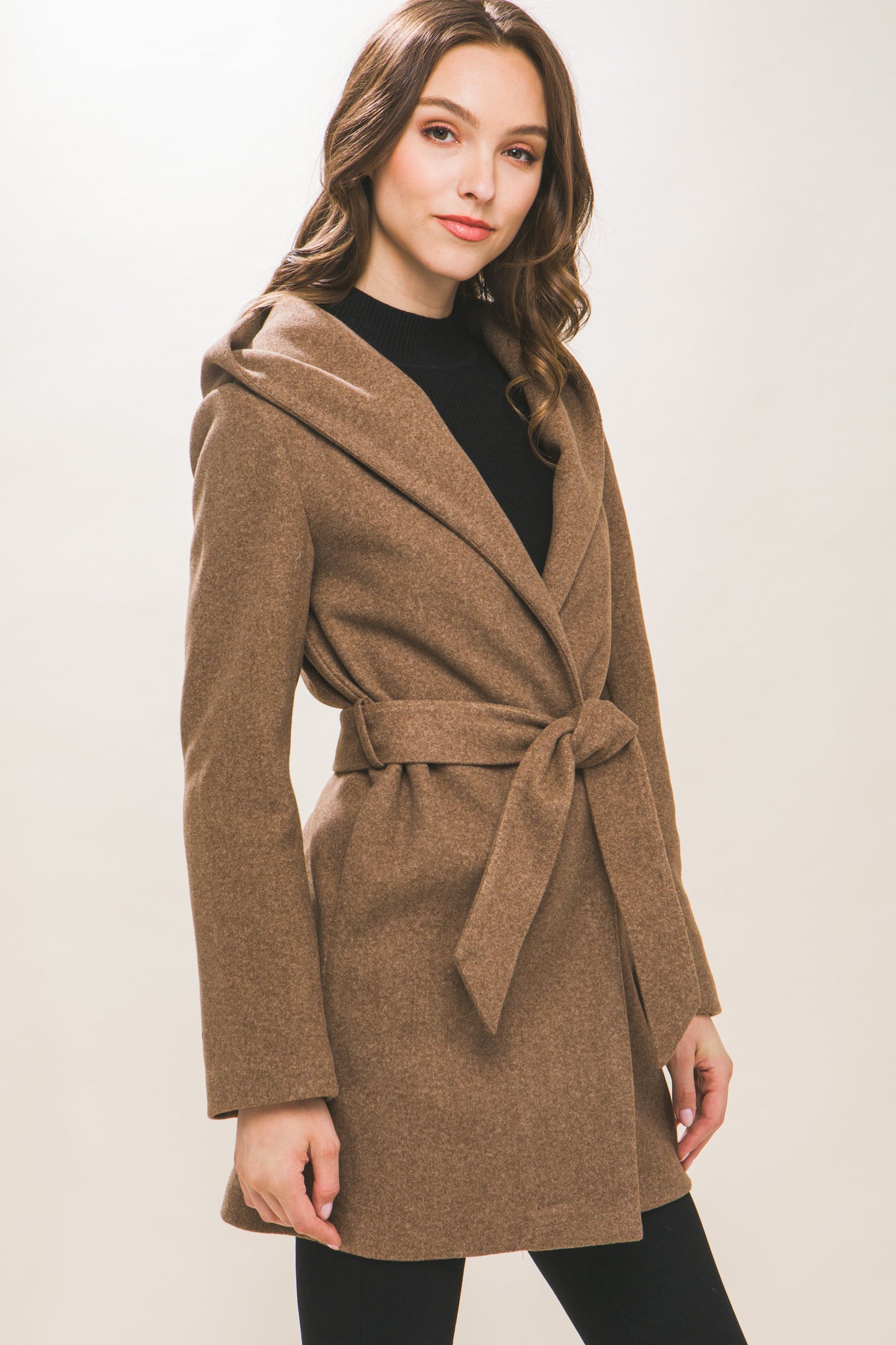 Brown Fleece Belted Hoodie Coat: Cozy, stylish; sizes S, M, L, XL.