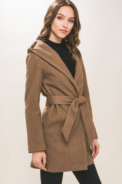 Brown Fleece Belted Hoodie Coat: Cozy, stylish; sizes S, M, L, XL.