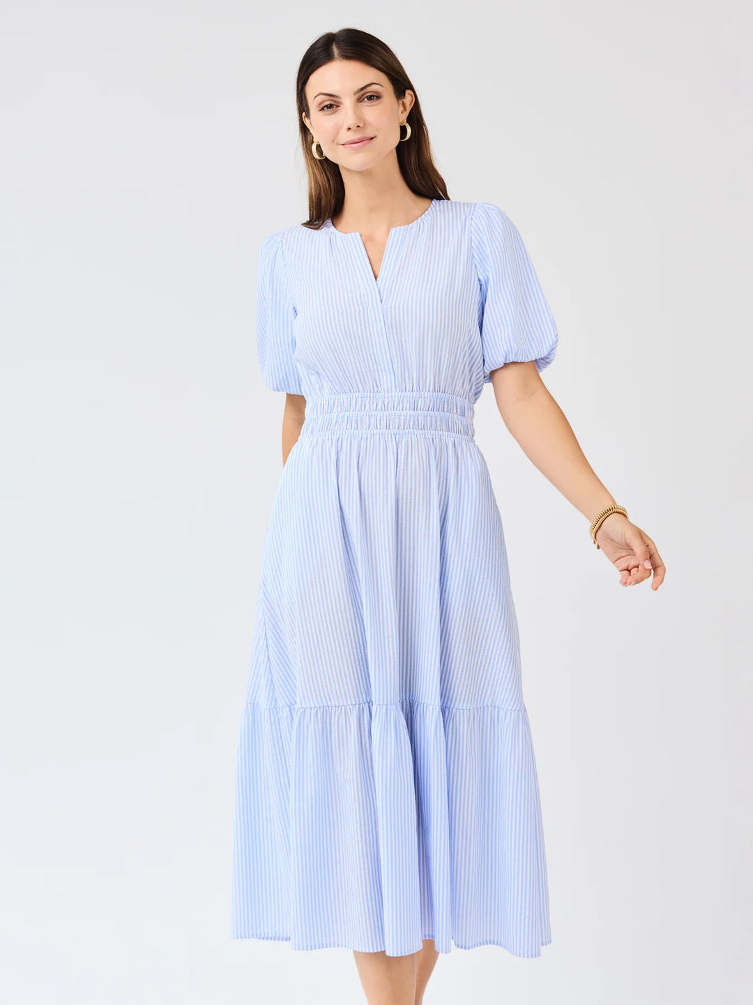 Tracey Blue &amp; White Seersucker Dress: light blue/white stripes, short sleeves, V-neck, gathered waist, tiered midi hem. Sizes XS-XL.