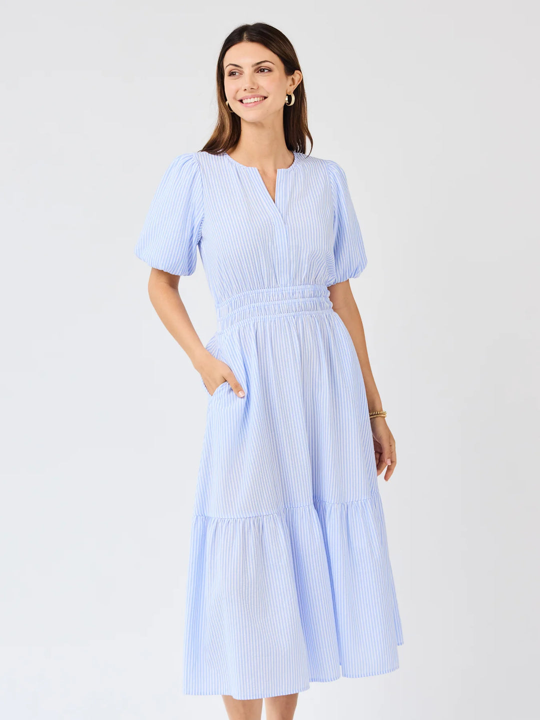 Tracey Blue &amp; White Seersucker Dress: light blue/white stripes, puff sleeves, smocked waist, V-neck. Sizes XS-XL.