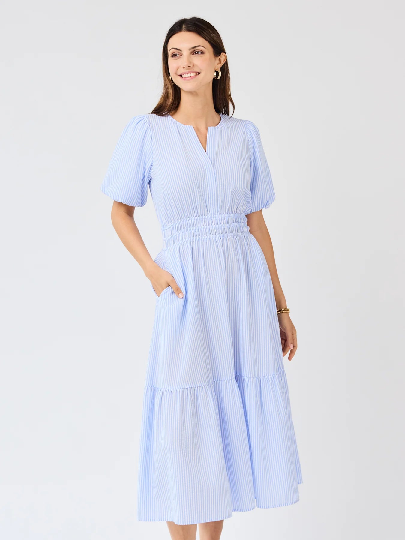 Tracey Blue & White Seersucker Dress: light blue/white stripes, puff sleeves, smocked waist, V-neck. Sizes XS-XL.