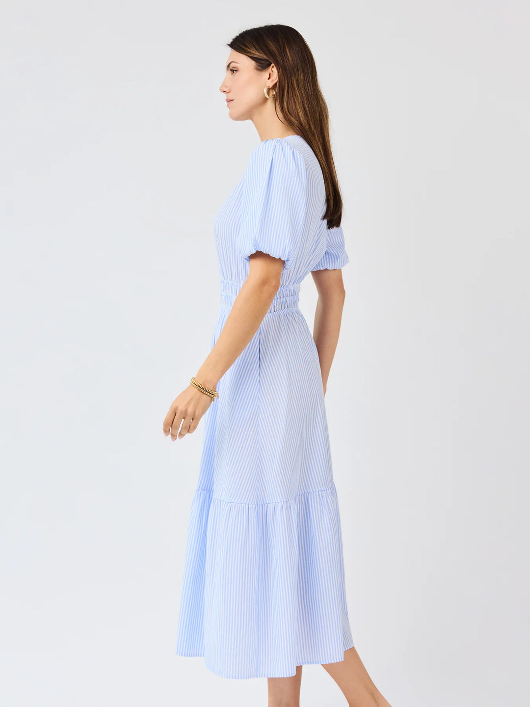 Tracey Blue &amp; White Seersucker Dress: light blue/white stripes, short sleeves, tiered hem, midi skirt. Sizes XS-XL available.
