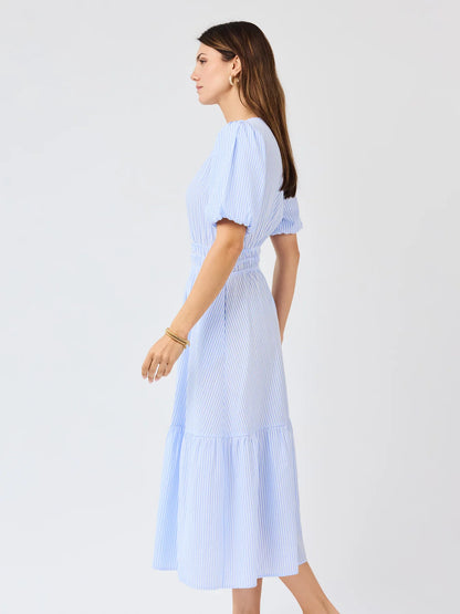 Tracey Blue & White Seersucker Dress: light blue/white stripes, short sleeves, tiered hem, midi skirt. Sizes XS-XL available.