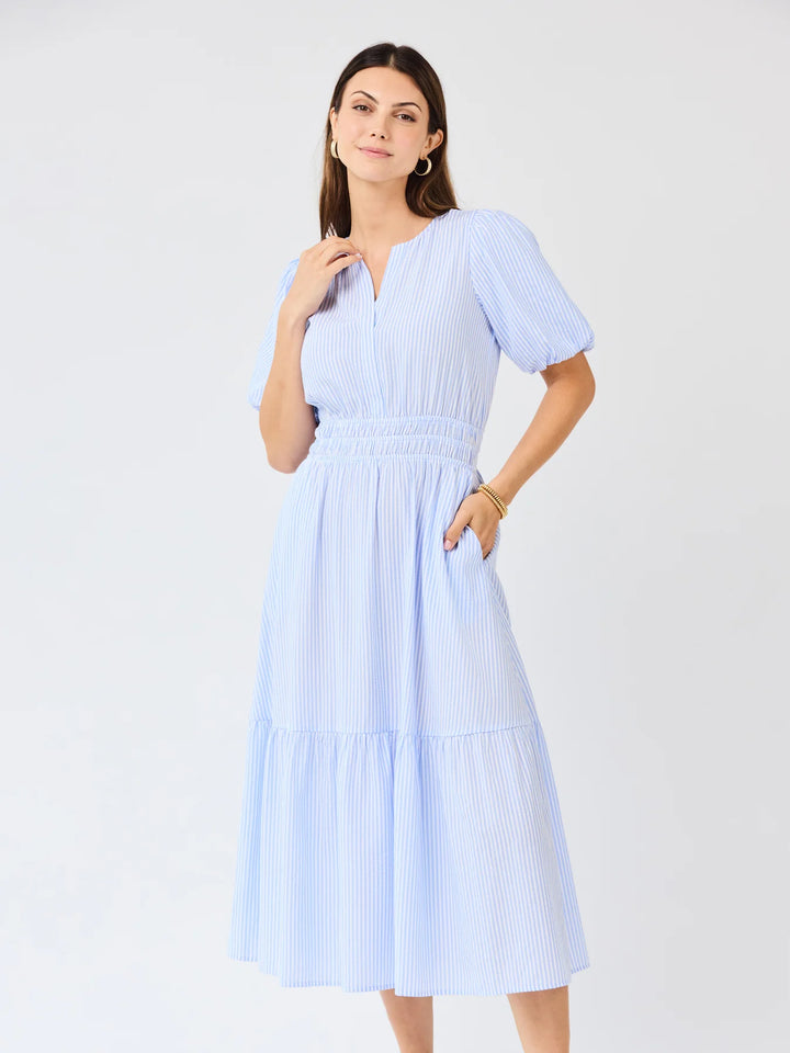 Tracey Blue &amp; White Seersucker Dress—light blue/white stripes, puff sleeves, V-neck, smocked waist, tiered hem. Sizes XS-XL.