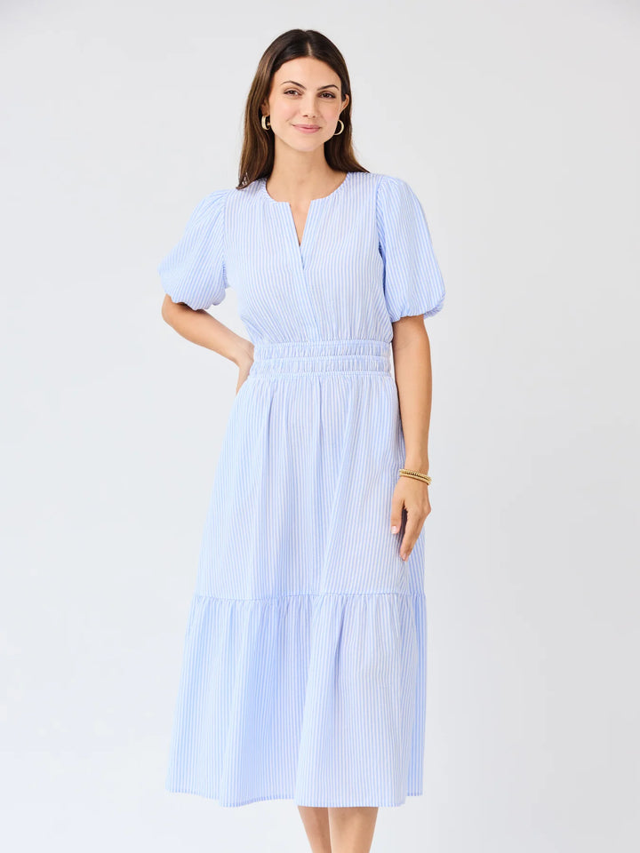Tracey Blue &amp; White Seersucker Dress: short sleeves, smocked waist, fitted, ruffle hem. Available in XS-XL.