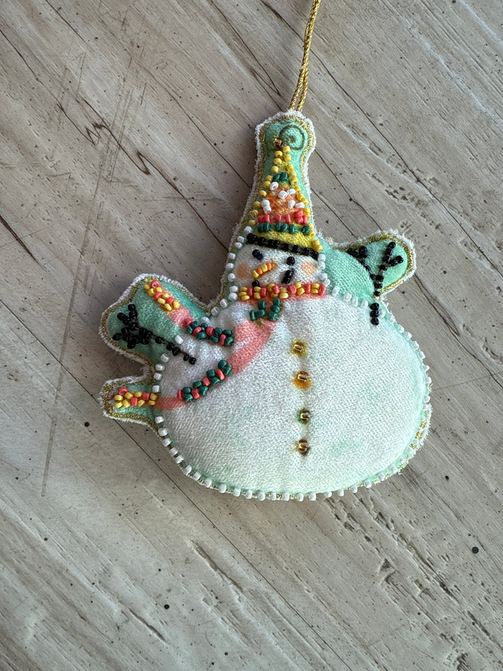 Cotton Velvet Snowman Ornament with embroidery and glass beads.