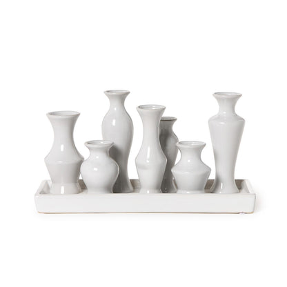 White Glaze Multi Vase with 7 Sections on Rectangular Platform