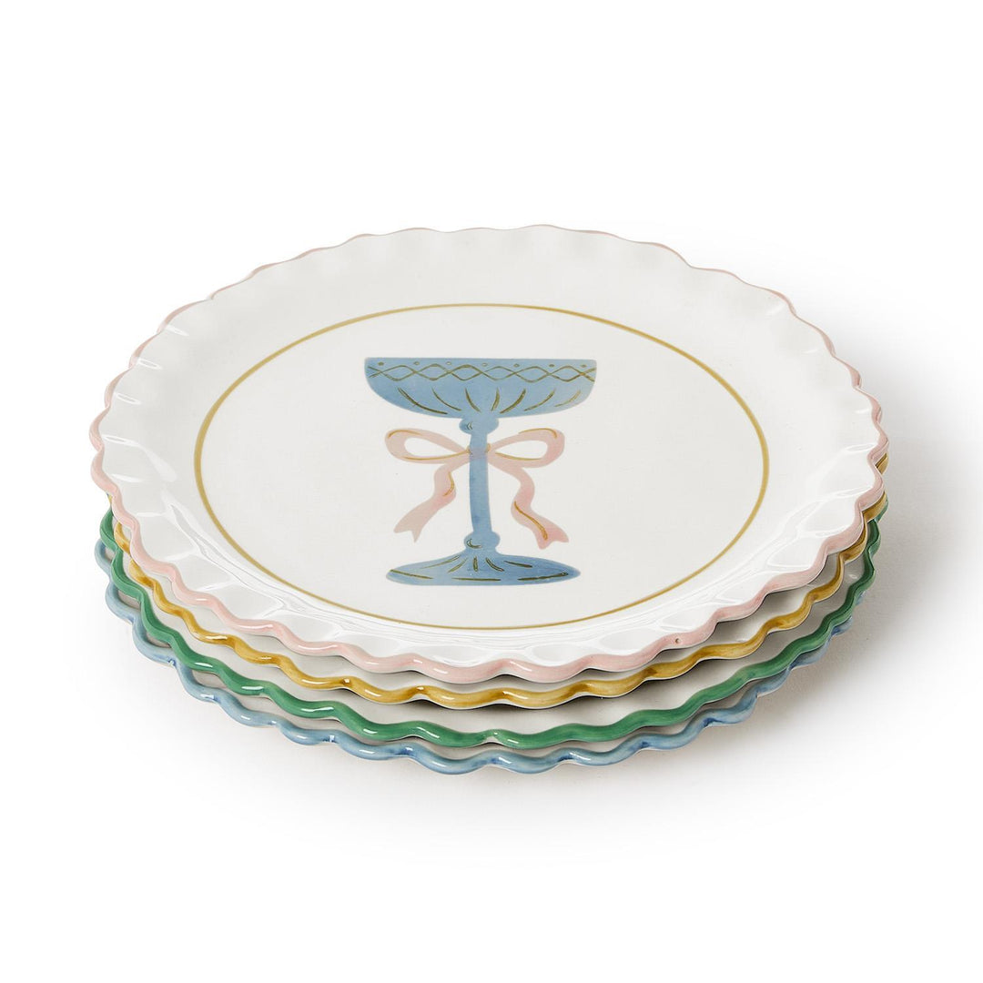 Stack of four scalloped-edge Cheers Tidbit Plates with blue chalice and pink bow illustrations.