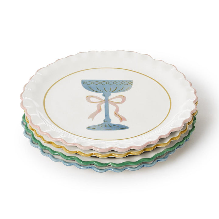 Stack of four scalloped-edge Cheers Tidbit Plates with blue chalice and pink bow illustrations.