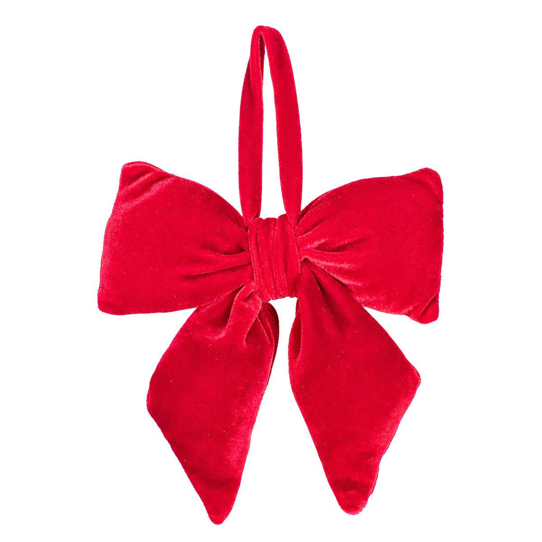 Red velvet Evelyn Bow Ornament with hanging loop.