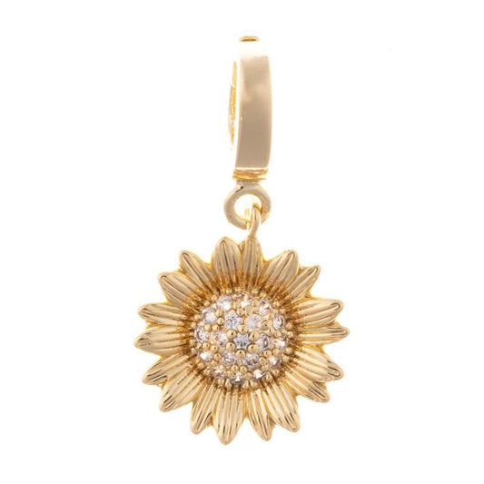 Gold sunflower charm with clear stone center and gold loop; available in 10mm, 15mm, and 20mm sizes.