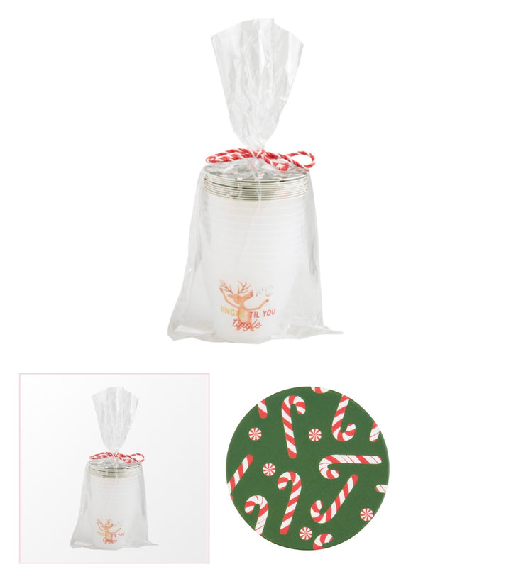 Wine Party Cup &amp; Coaster Set featuring reindeer-patterned white plastic cups and a circular green peppermint candy cane coaster.