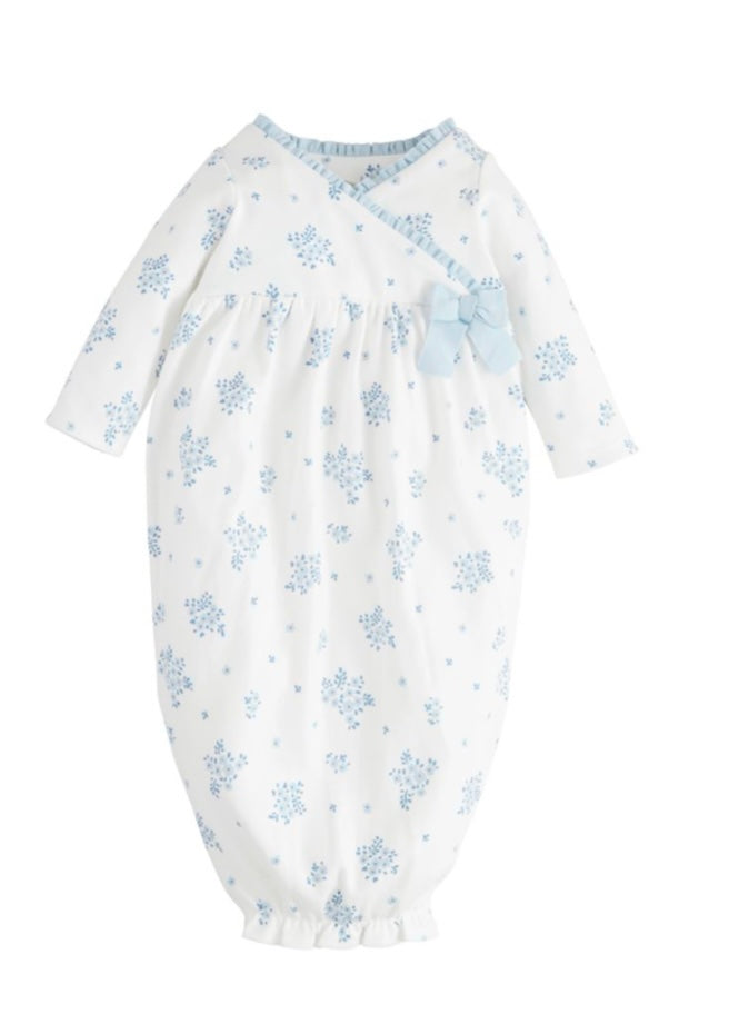 White sleep gown with kimono side bow and ruffle hem.