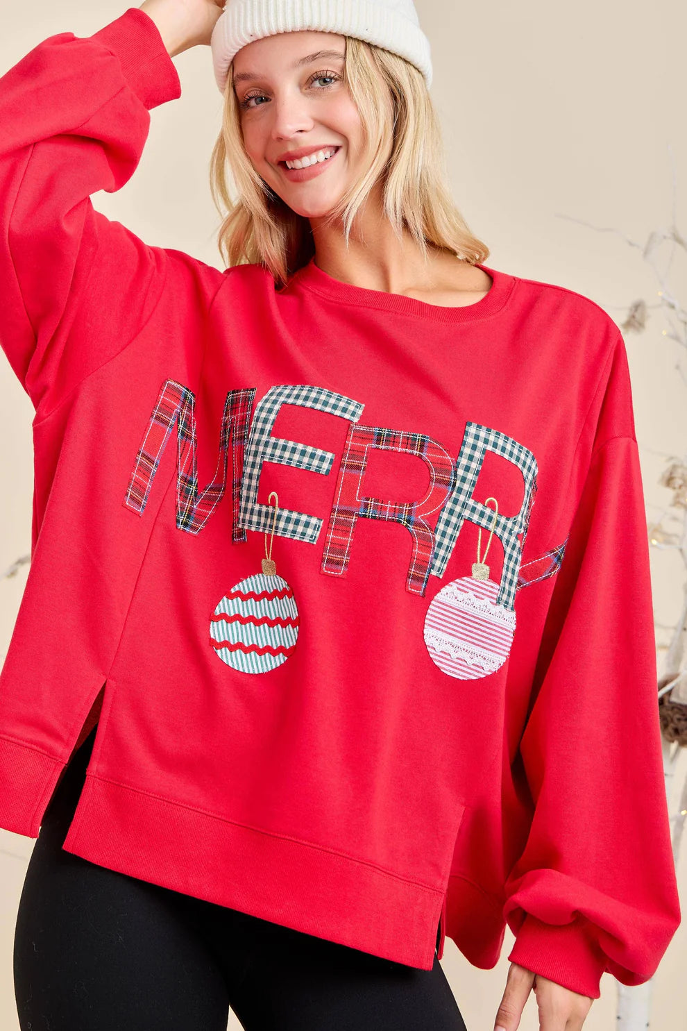 Merry Ornament Patchwork Long Sleeve Top
