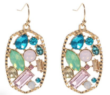 Oval Cluster Earrings with open gold frames and colorful gemstones in blue, green, pink, yellow, and clear. Available in small and medium sizes.