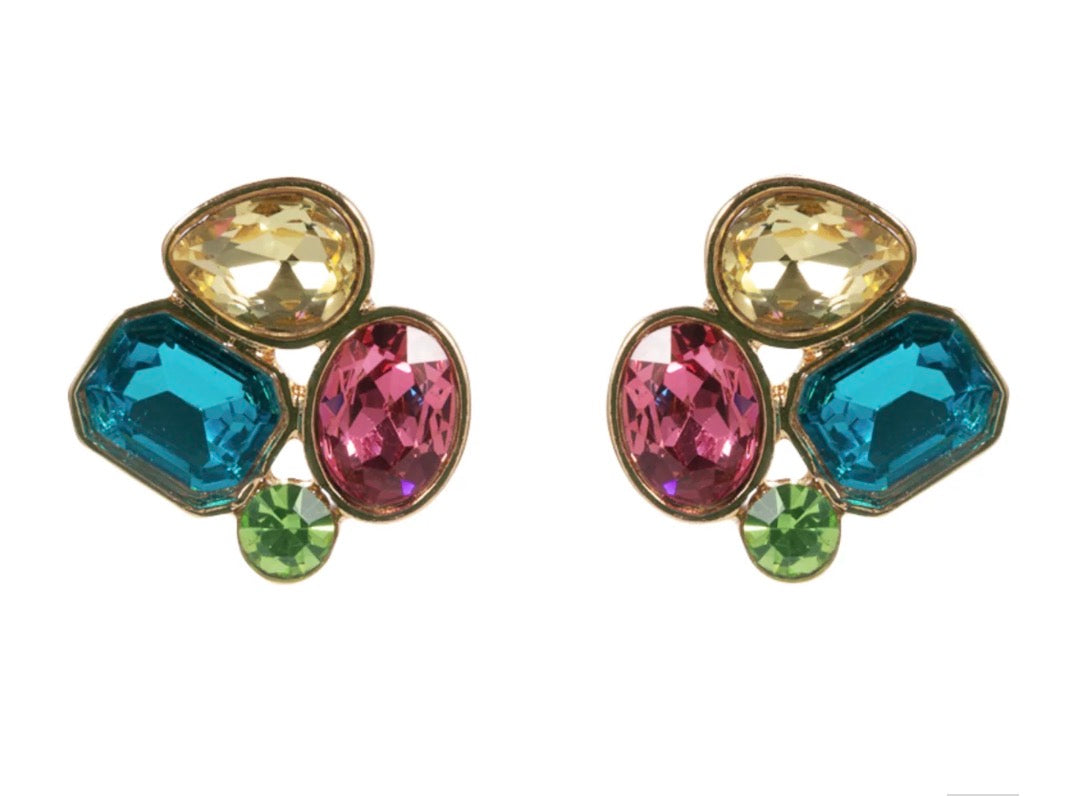 Gemstone Cluster Earrings with yellow, blue, pink, and green stones in gold-toned metal; available in small and medium sizes.
