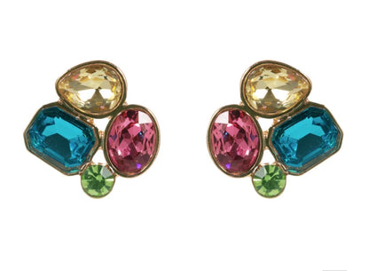 Gemstone Cluster Earrings with yellow, blue, pink, and green stones in gold-toned metal; available in small and medium sizes.