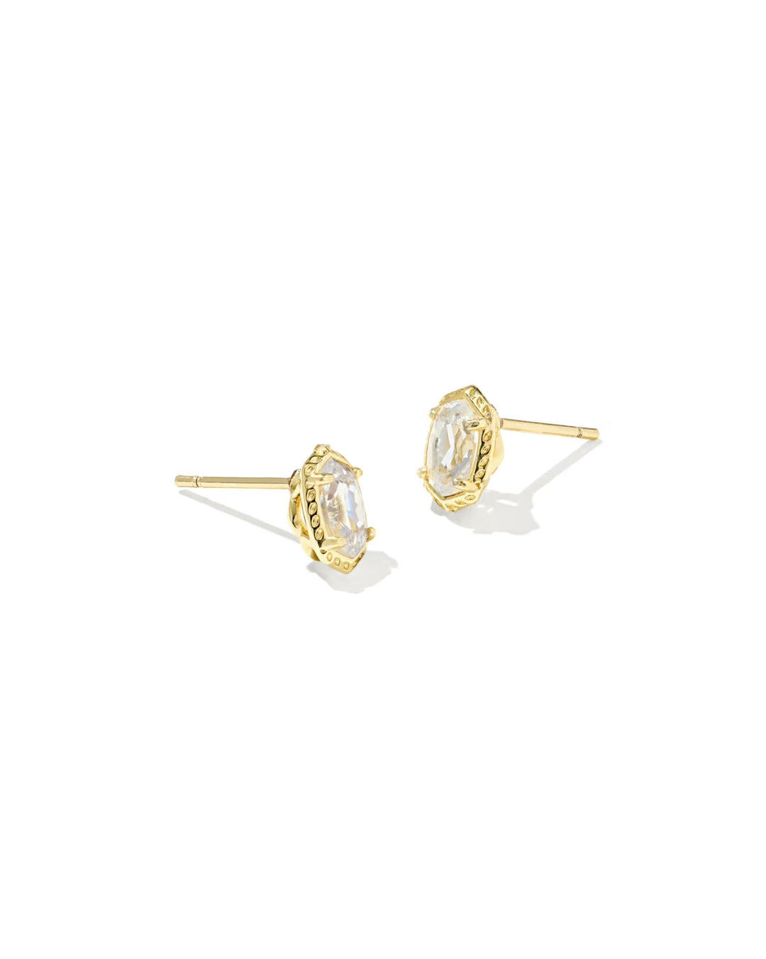Min Ellie Luxe Stud Gold earrings with a marquise-cut clear stone in a decorative prong setting.